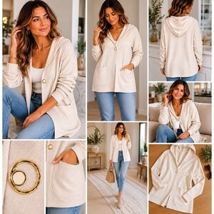 Yolly Italy Hooded Cardigan Womens One Size Beige Gold‎ Ring Button Knit Jacket